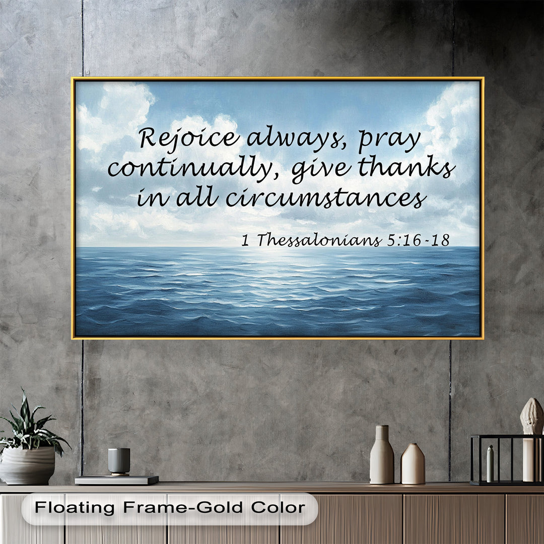 Biblical-themed coastal scene reflecting spiritual joy and continuous prayer.
