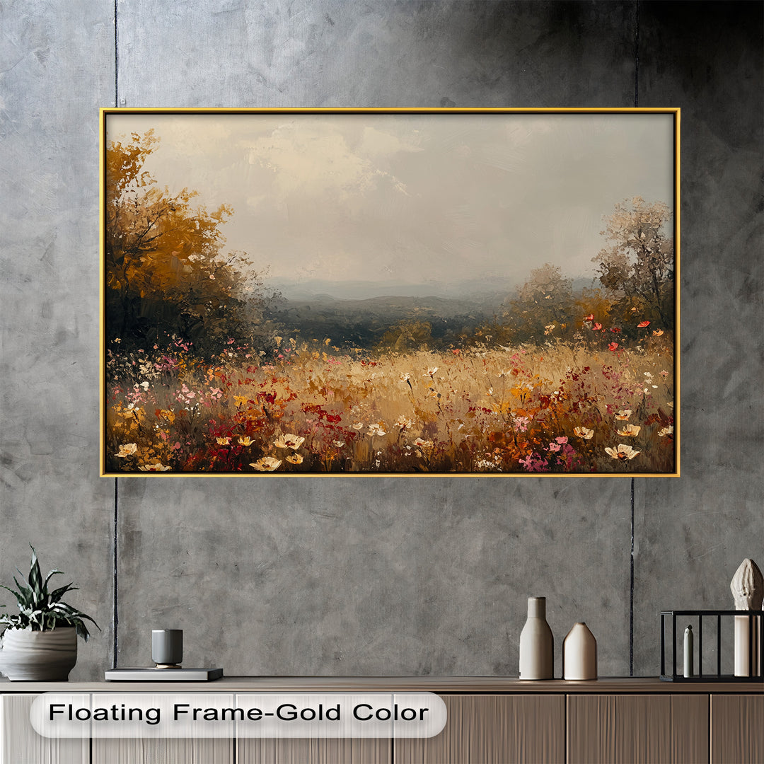 A dreamy hillside meadow bursts with wildflowers in warm autumn hues, as soft mist drapes over distant rolling hills, creating an ethereal and tranquil landscape.