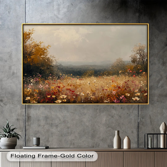 Warm color temperature radiates from this modern oil painting art, showcasing a timeless floral oil painting with golden fields and blooming wildflowers.