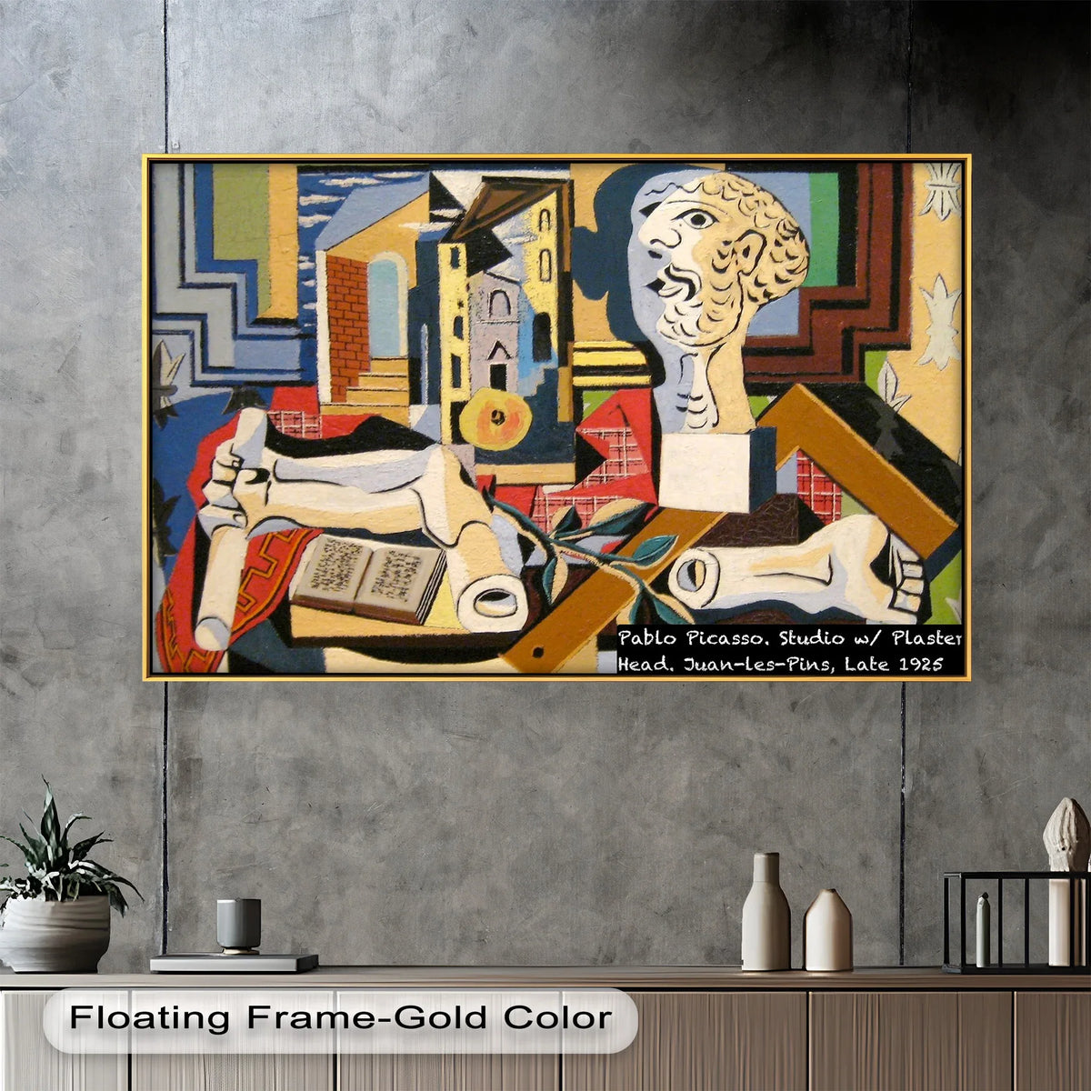 Geometric elements dominate this oil painting home decor, 'Studio with Plaster Head' by Picasso, featuring a cubist array of shapes and structures.