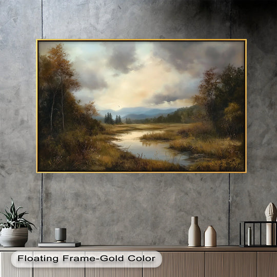 Dramatic color contrast defines this framed Hudson River Valley oil painting, where golden highlights illuminate the tranquility of the marsh against a moody, darkening sky in these fine oil painting art prints.
