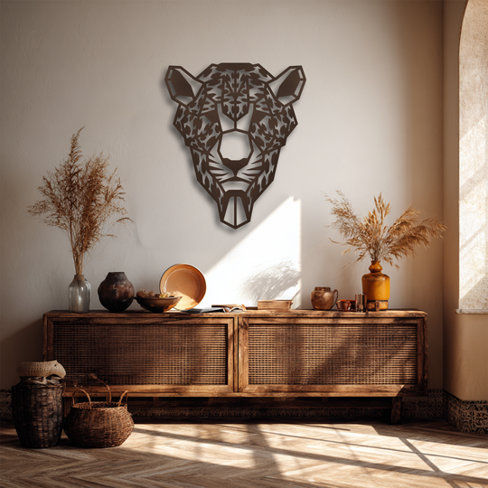 A warm, textured background wall, elegantly lit by natural sunlight, showcases the striking geometric tiger head unique metal wall art.