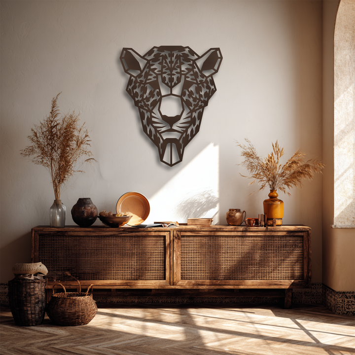 A warm, textured background wall, elegantly lit by natural sunlight, showcases the striking geometric tiger head unique metal wall art.