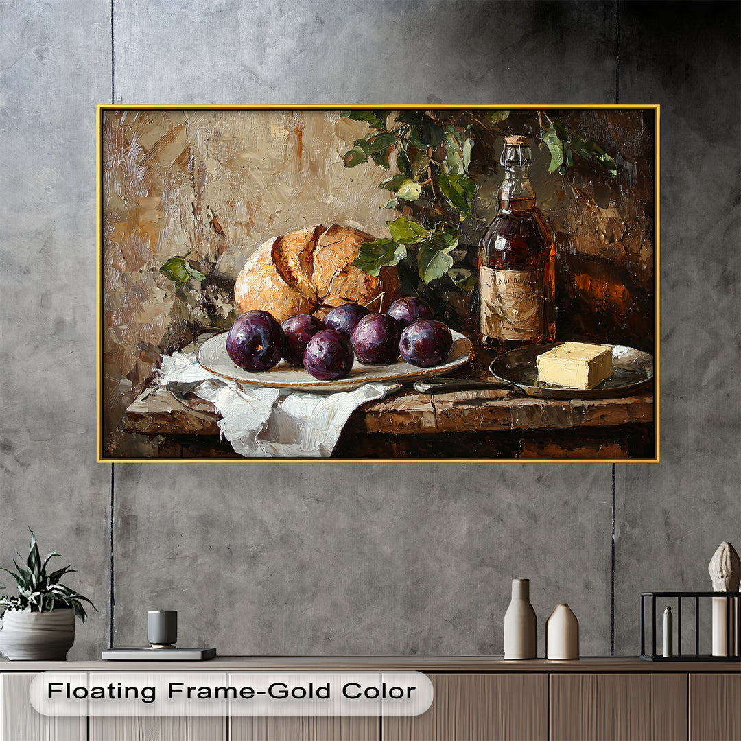 This rustic still life painting captures a beautifully arranged scene with fresh plums, crusty bread, a block of butter, and a vintage bottle of liquor.

