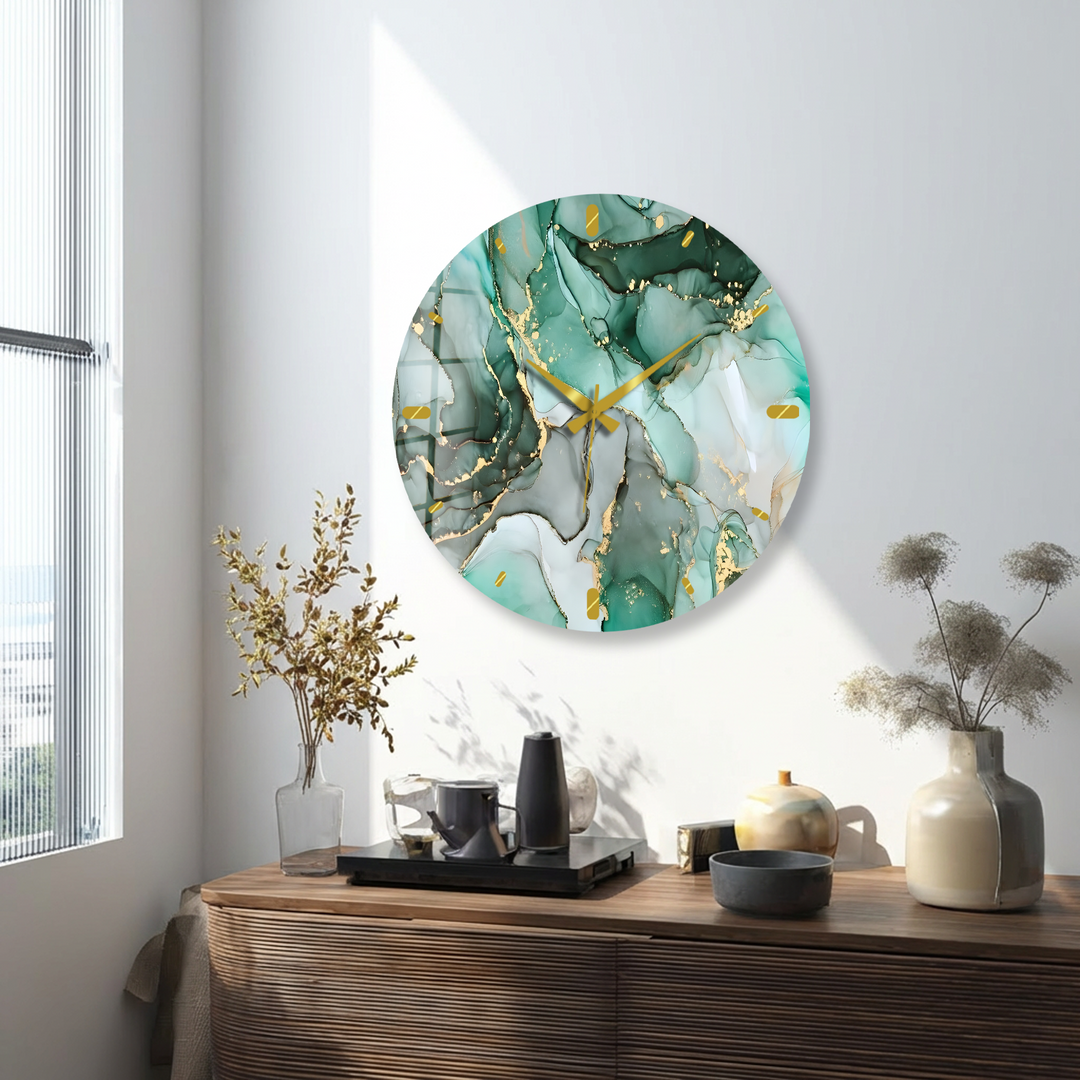 Emerald Green Marble Glass Wall Clock – Gold Accent Decor