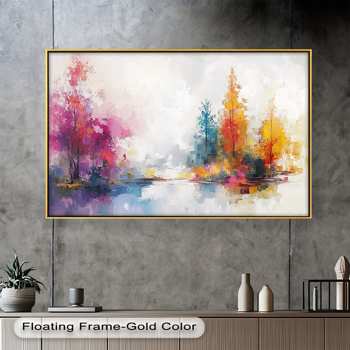 A breathtaking abstract landscape composition featuring a peaceful waterscape with colorful trees bathed in soft light, evoking a sense of harmony and tranquility.