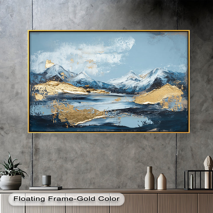 Arctic Peaks – Abstraktes Ölgemälde mit Bergmotiven in Blau und Gold