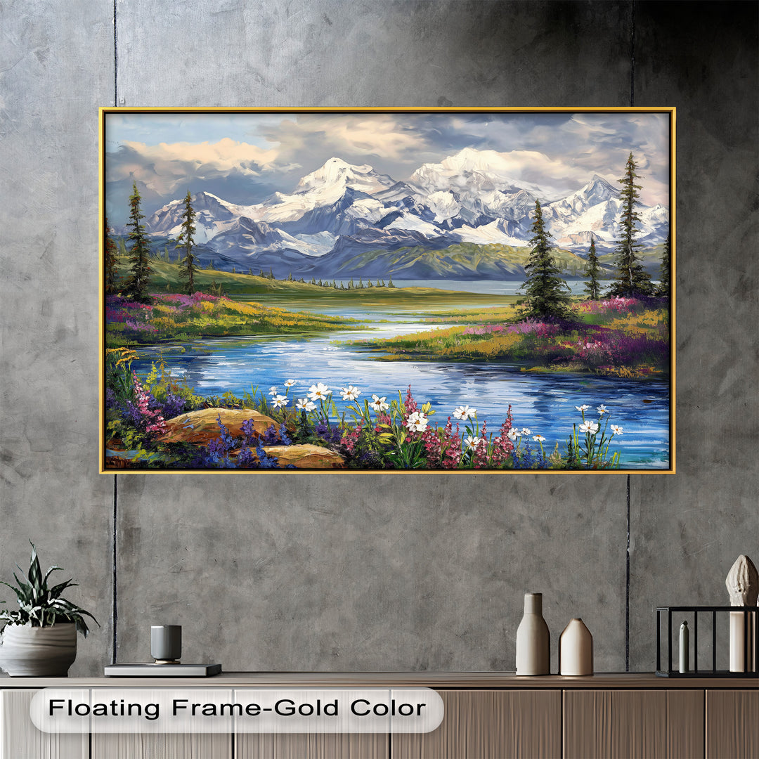 Vintage Mountains & River – Framed Oil Painting