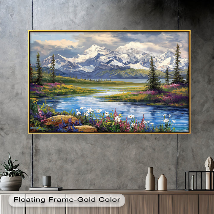 Vintage Mountains & River – Framed Oil Painting
