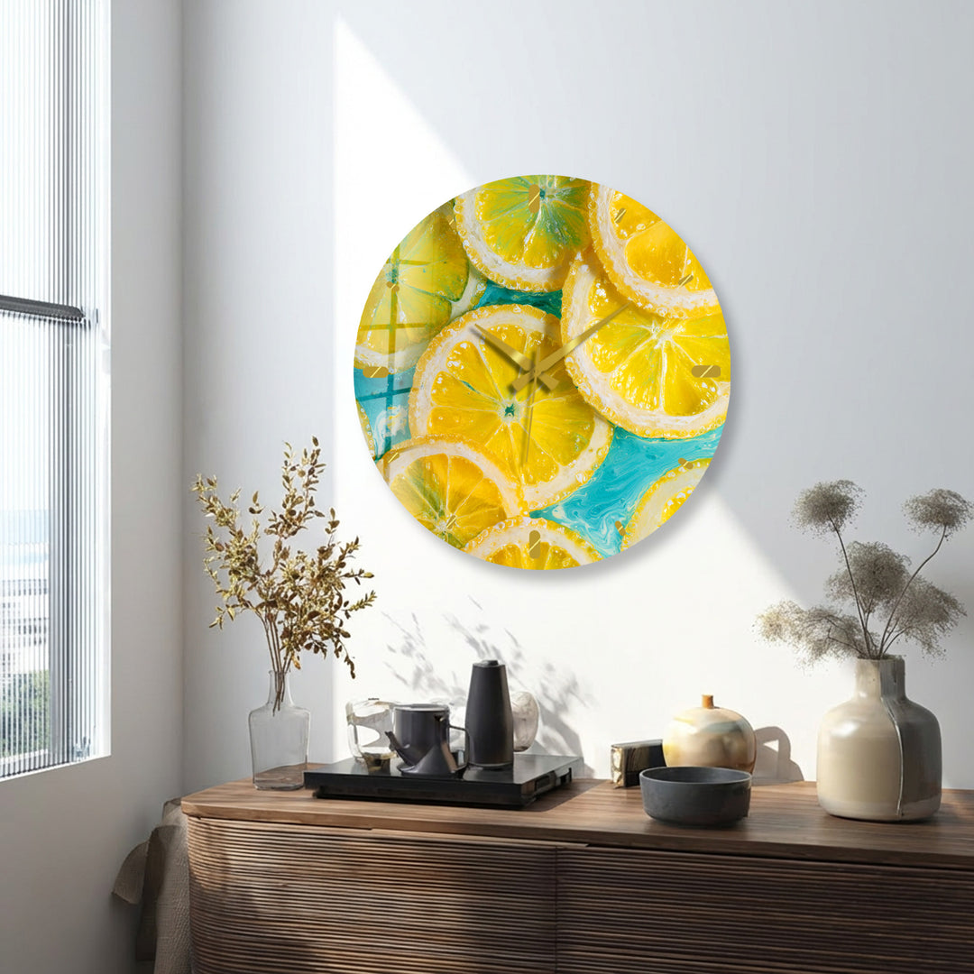 Yellow Lemon Glass Wall Clock – Bright Citrus Kitchen Decor