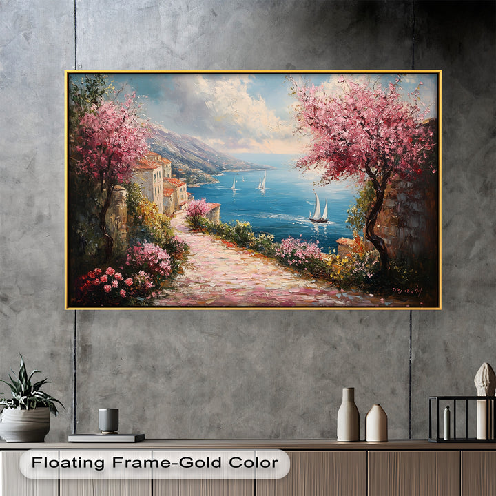 A serene and inviting landscape painting transports the viewer to a peaceful coastal village, where the scent of blooming flowers fills the air and the gentle sea breeze whispers through the trees.