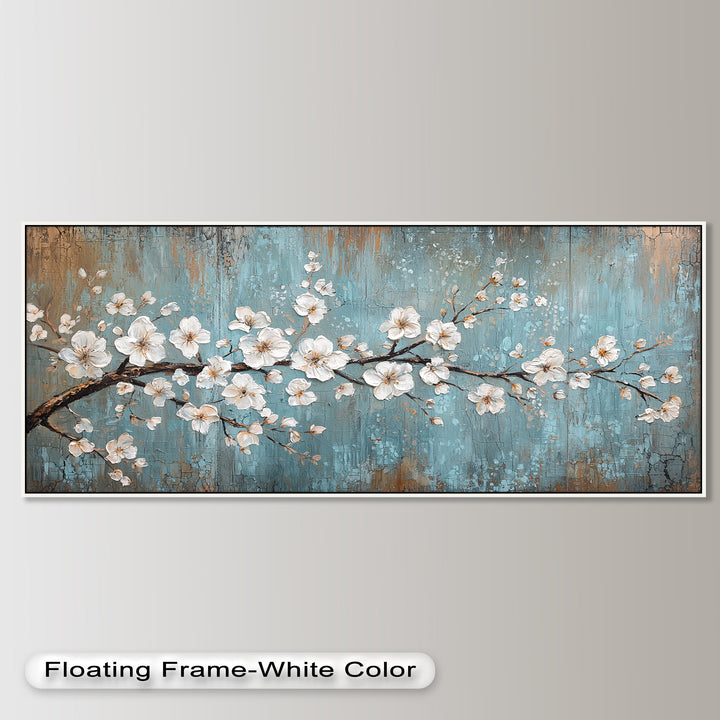 White Blossoms on Blue Textured Branch - Flower Oil Painting