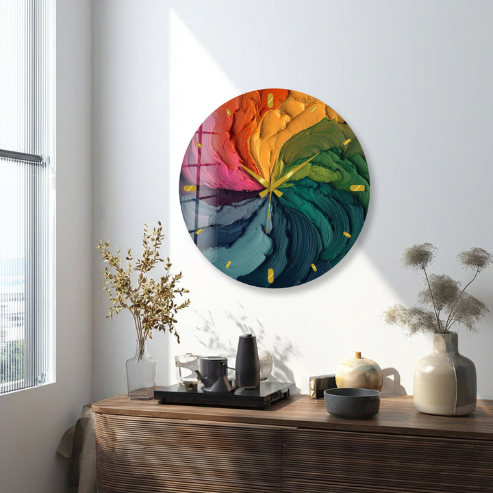 Colorful Abstract Glass Wall Clock – Rainbow Oil Painting Art