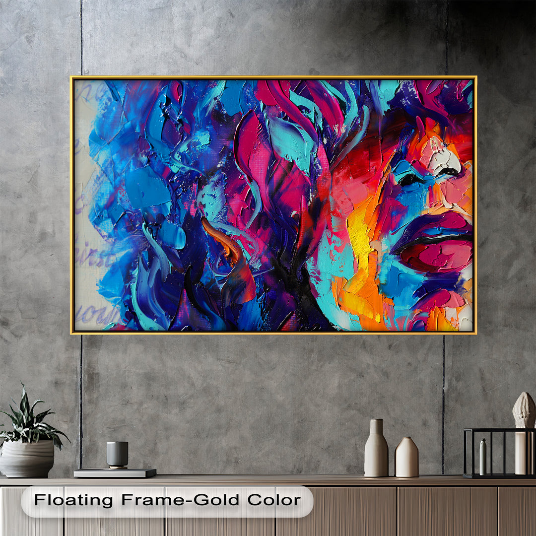A bold and expressive abstract portrait painting featuring vivid strokes of blue, pink, and orange, capturing the essence of emotion through color and texture