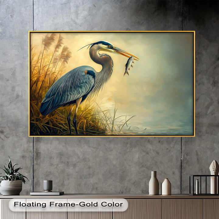 Blue Heron with Fish – Animal Oil Painting