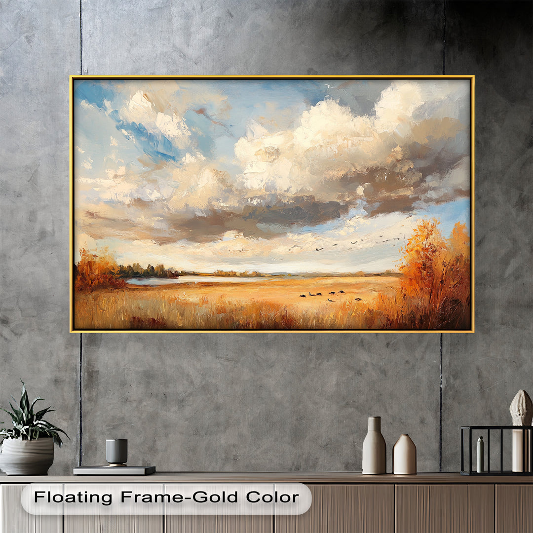 Golden autumn landscape painting with expansive skies and flying geese.
