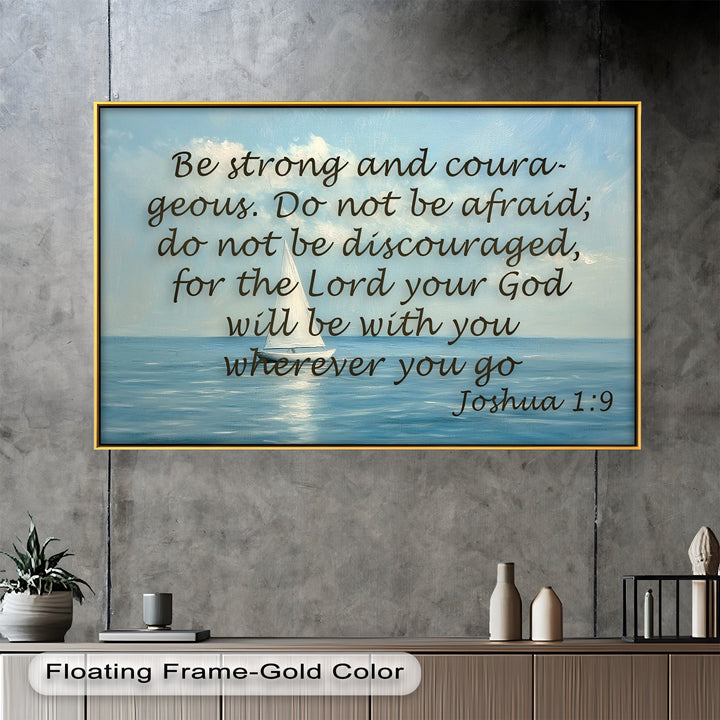 Christian wall art featuring a peaceful sea and scripture on courage and trust.
