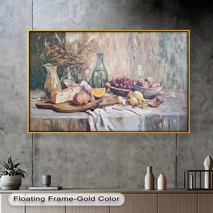 Rustic Fruit & Bread Still Life – Framed Oil Painting