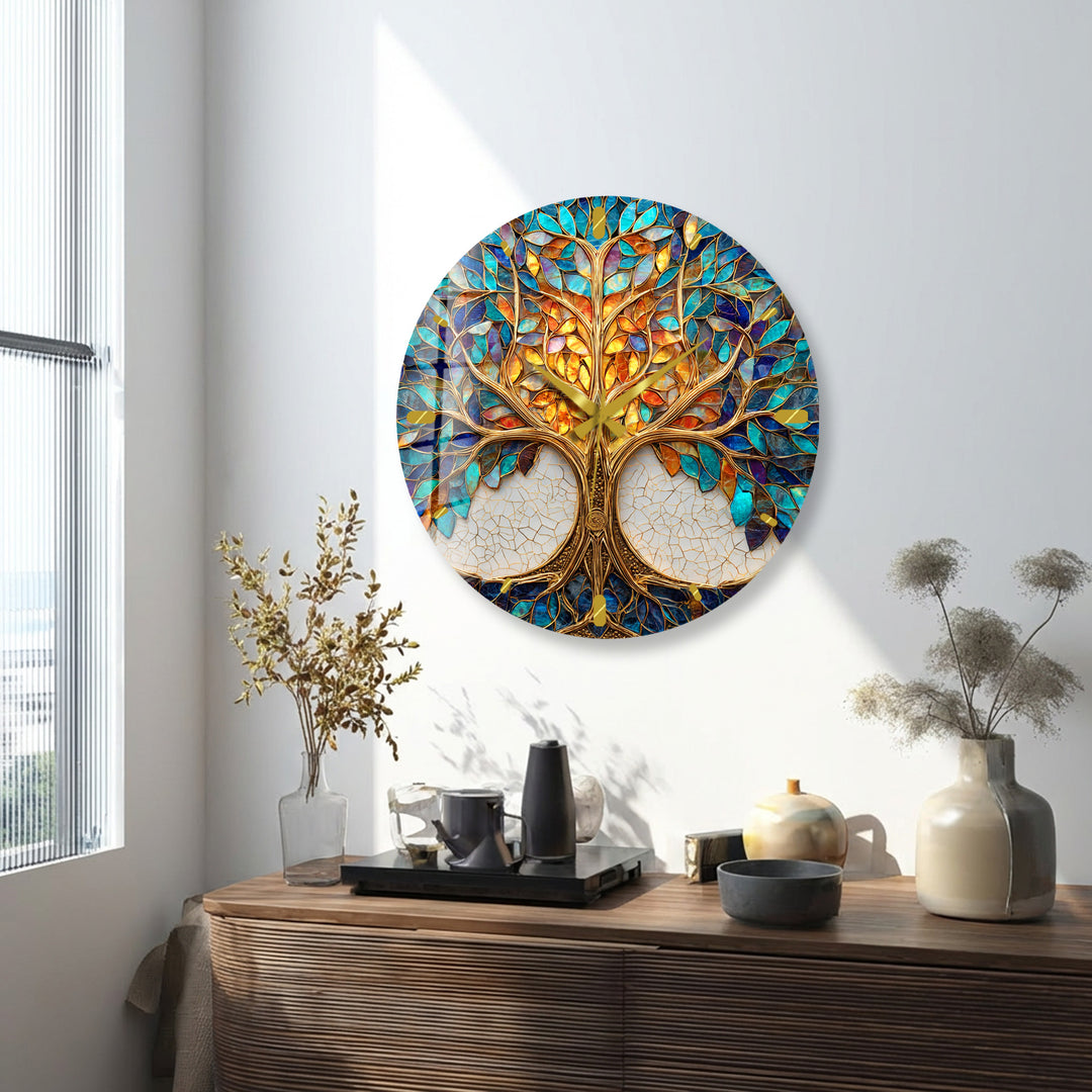 Tree of Life Glass Wall Clock – Blue and Gold Mosaic Decor