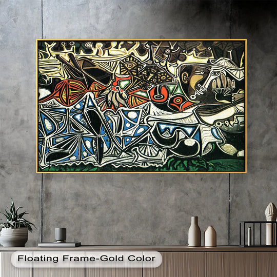 Abstract cubist painting with layered faces, geometric patterns, and vivid contrasts of black, blue, red, and white.