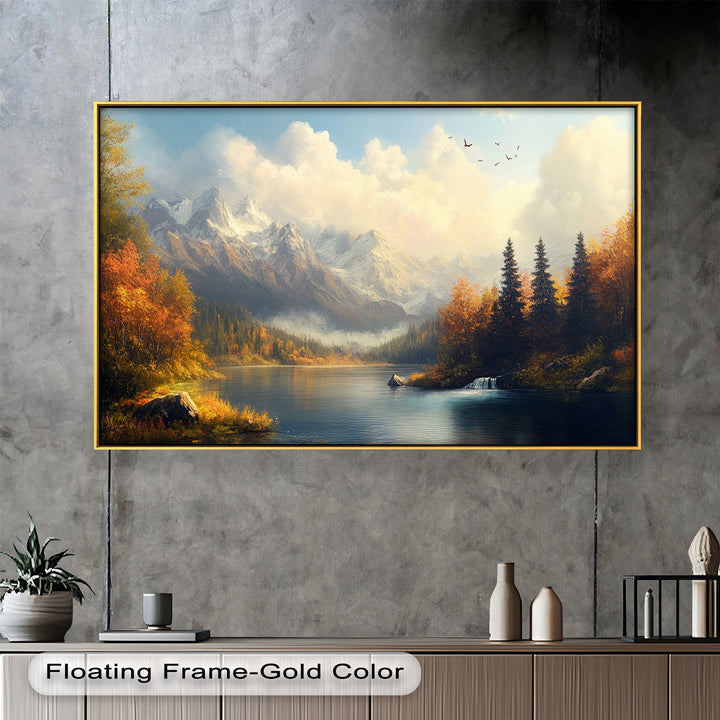 Herbstliche Seewandkunst – Ölgemälde einer Berglandschaft