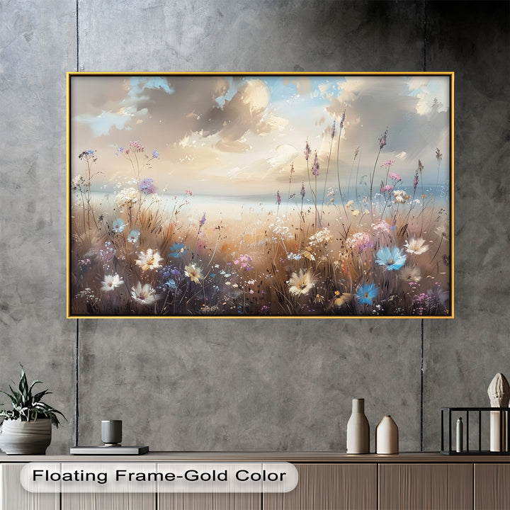 A peaceful floral meadow scene depicted in an expressive, painterly style, where vibrant blossoms and wispy grasses blend harmoniously with the atmospheric sky.