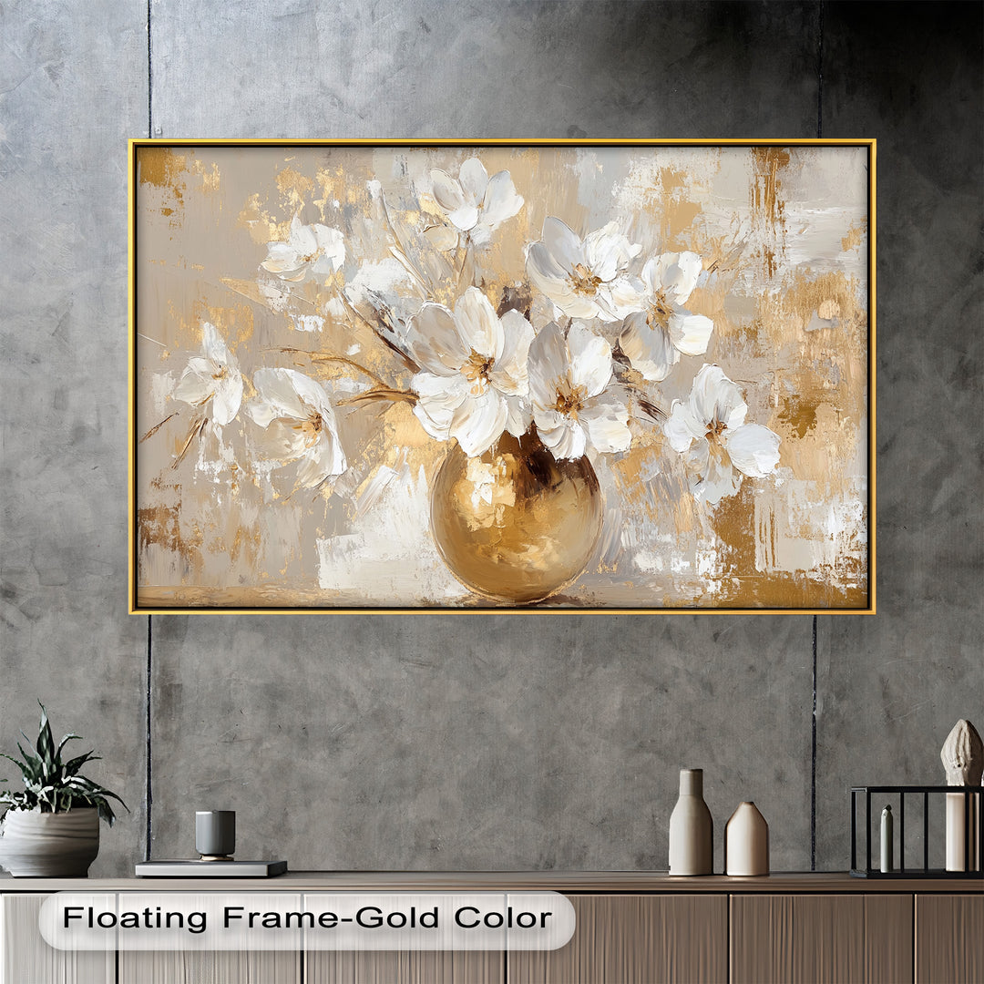 Golden Vase with White Florals – Flower Oil Painting