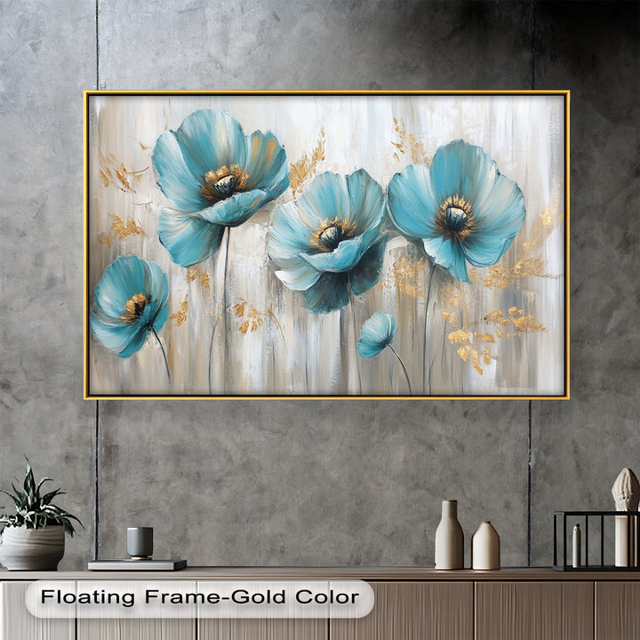 Blue Poppies with Metallic Accents - Flower Oil Painting