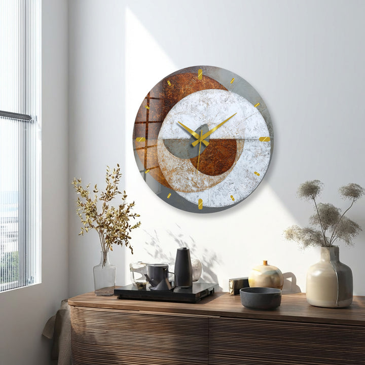 Rust and Gray Glass Wall Clock – Industrial Abstract Circle Art