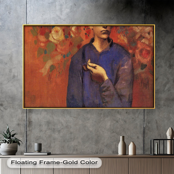 A solemn young man holding a pipe, dressed in blue, framed by blooming abstract roses in earthy orange and red hues.