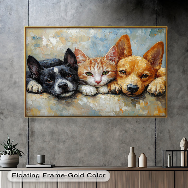 Cat and Dogs Resting Together - Animal Oil Painting