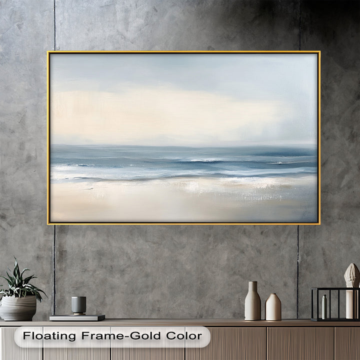 The soft brushstrokes and blurred lines create a dreamlike view of the sea, making this piece an elegant expression of quiet reflection.

