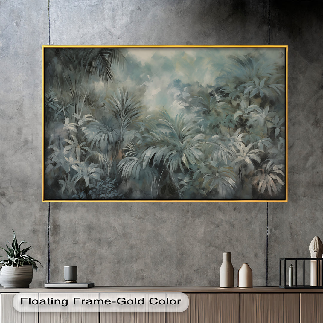 A peaceful, foggy tropical paradise where large, leafy plants create a serene and mysterious ambiance.

