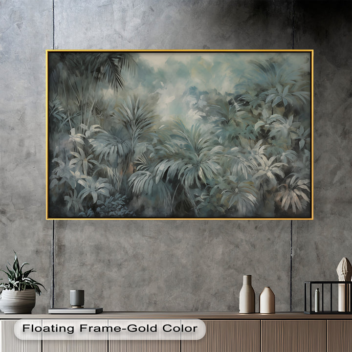 A peaceful, foggy tropical paradise where large, leafy plants create a serene and mysterious ambiance.

