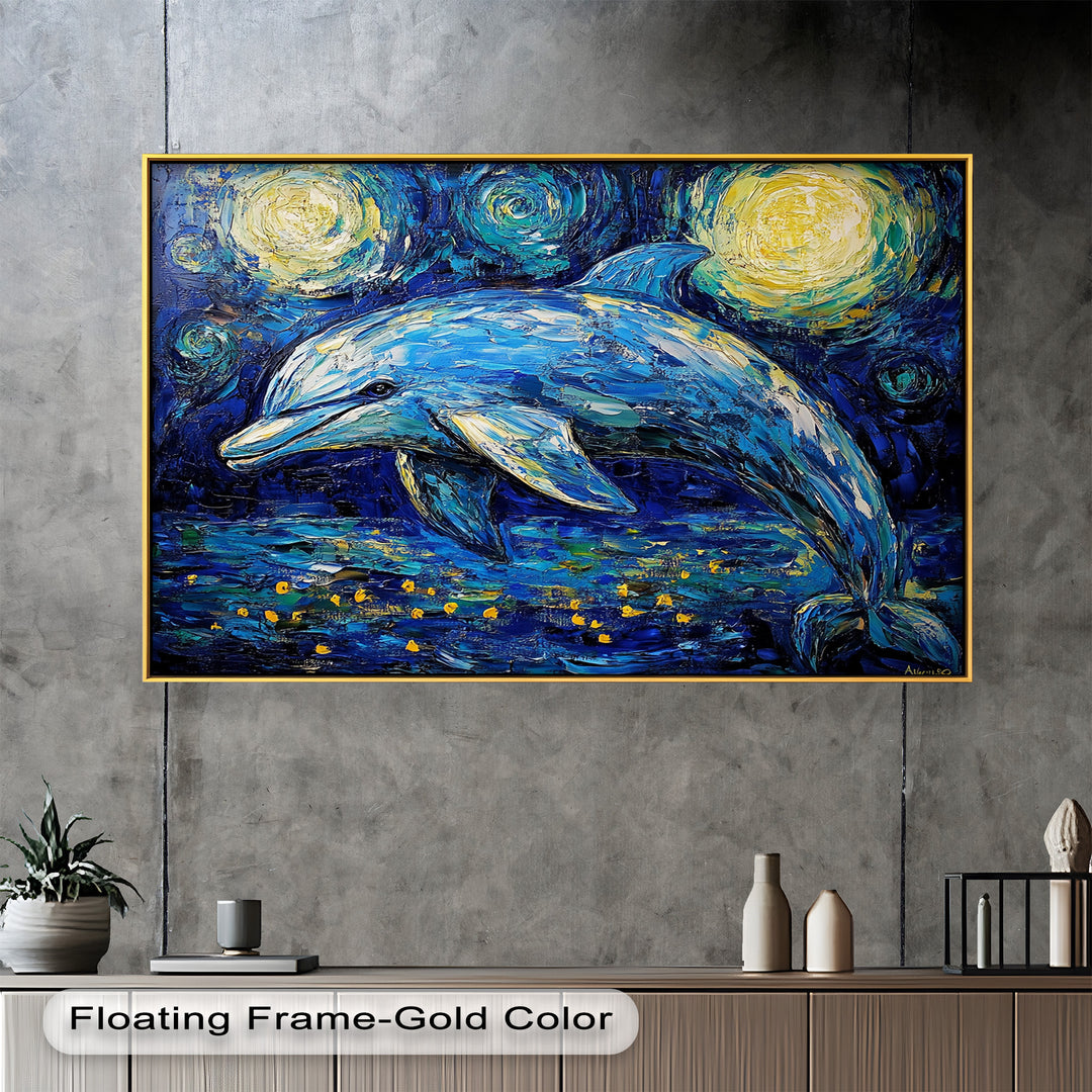Starry Night Dolphin in Ocean Dreamscape – Animal Oil Painting