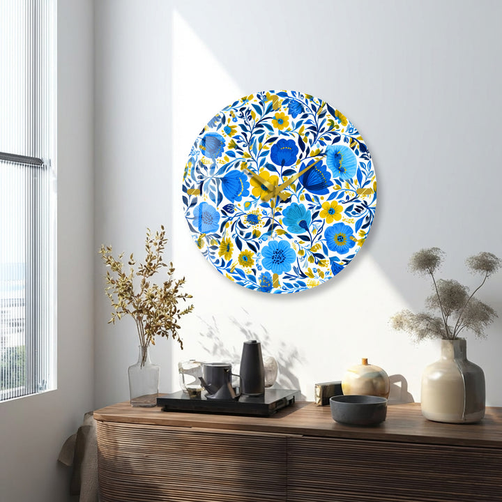 Blue and Yellow Floral Glass Wall Clock – Botanical Decor