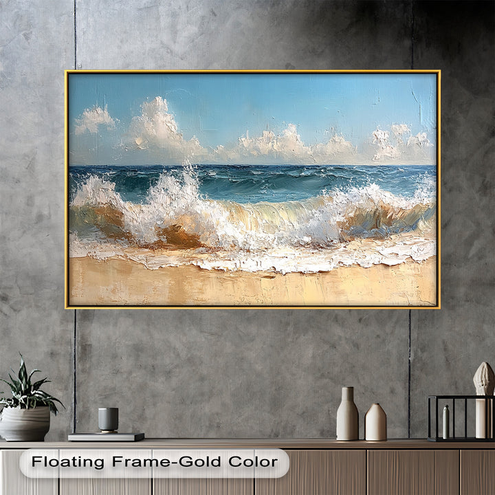 This bright and breezy scene evokes the feeling of a summer day by the water, making it an ideal addition to beach-inspired interiors.

