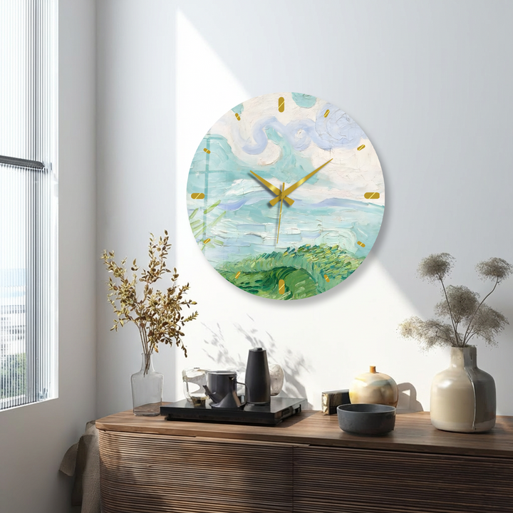 Pastellfarbene Küstenwanduhr aus Glas – abstrakte Meereslandschaftskunst