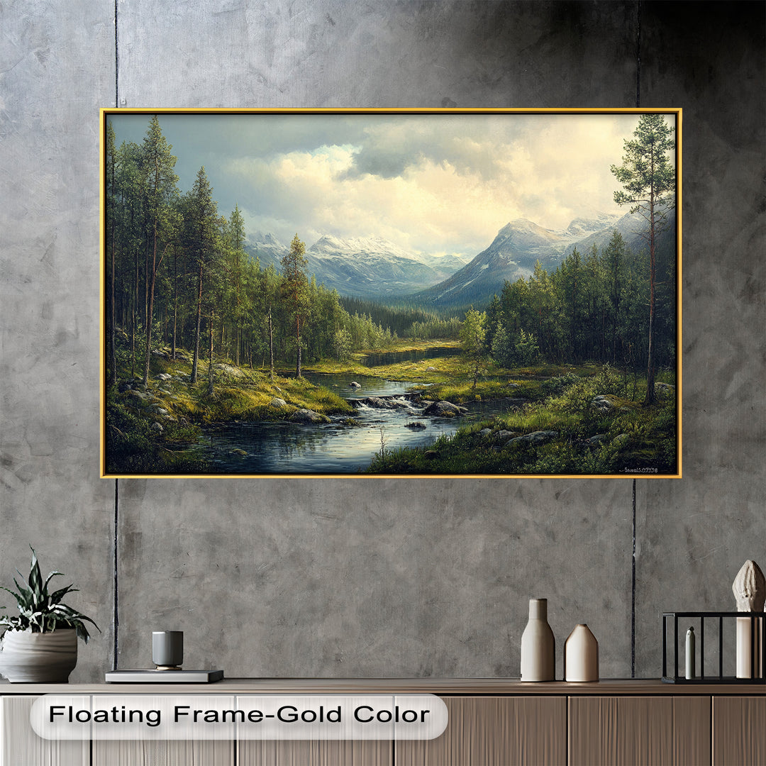 A vibrant mountain valley with a sparkling stream flowing through a pine forest, framed by snow-capped peaks under a bright sky.