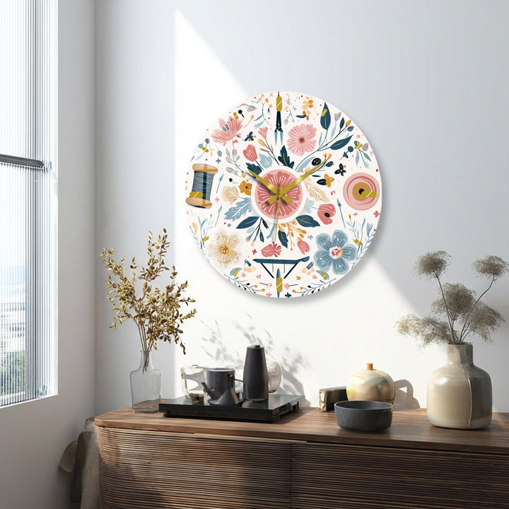 Floral Sewing Glass Wall Clock – Craft Room Decor