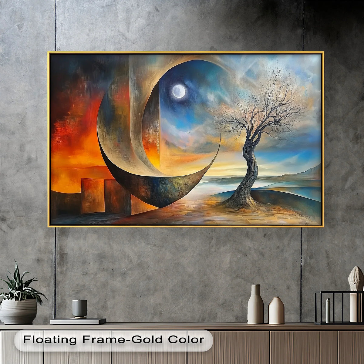 The background of this striking abstract oil painting art piece features textured gray wall, subtly complementing the moonlit tree and surreal horizon.