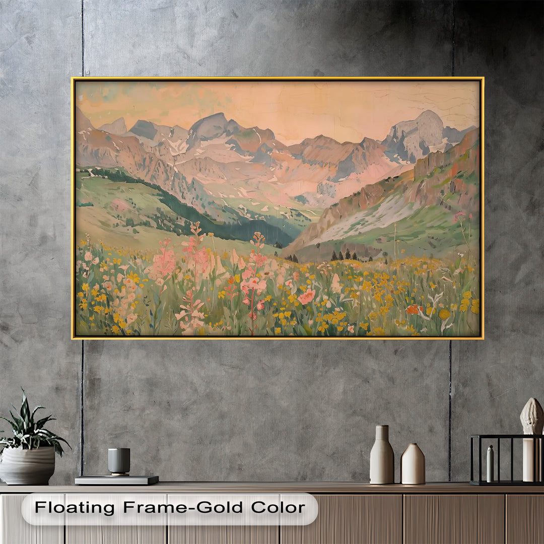 A serene landscape painting featuring a picturesque mountain valley with lush green hills and vibrant wildflowers in soft pastel tones