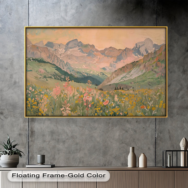 A serene landscape painting featuring a picturesque mountain valley with lush green hills and vibrant wildflowers in soft pastel tones
