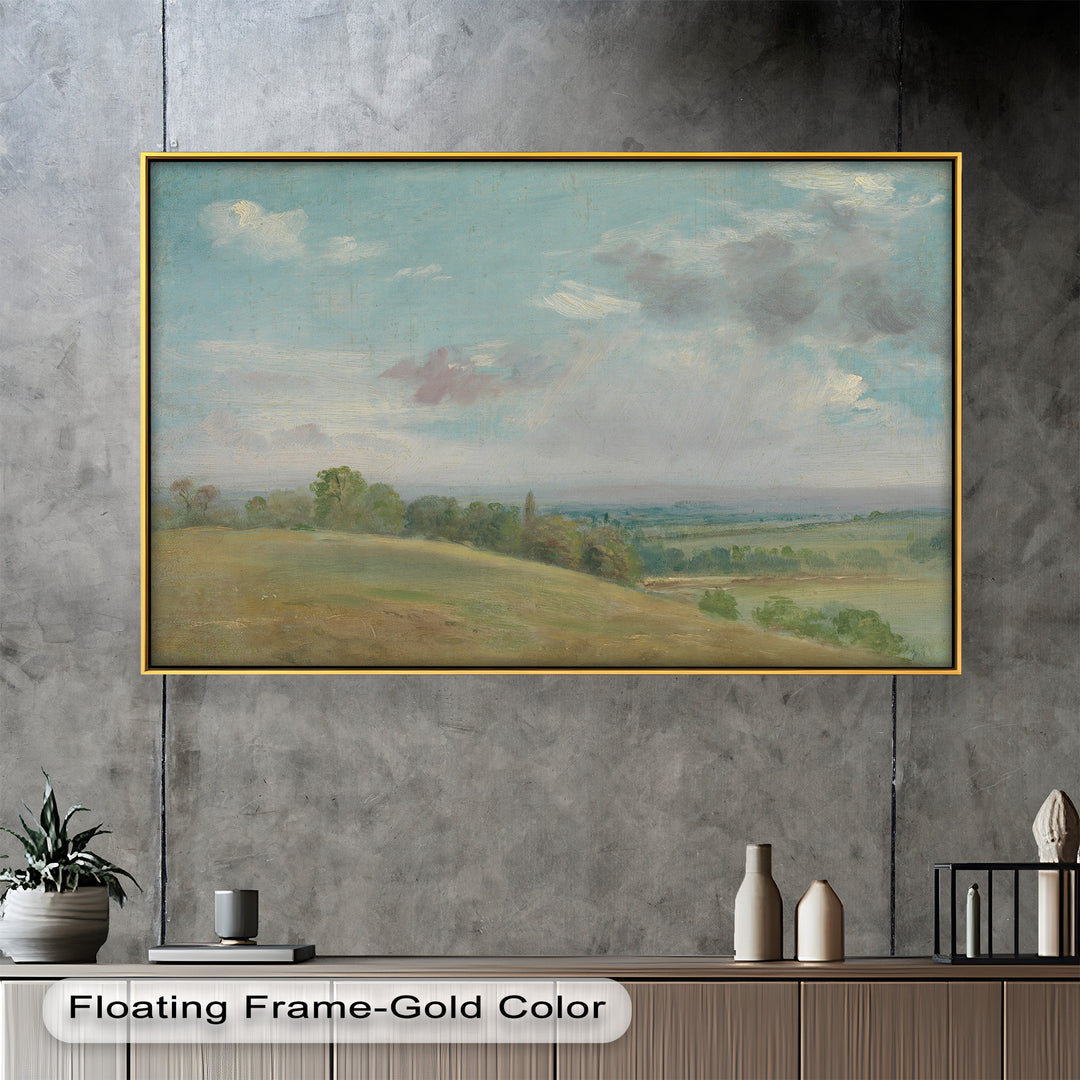 A serene landscape painting featuring rolling green hills under a vast sky, with soft clouds drifting across the horizon in delicate pastel tones.
