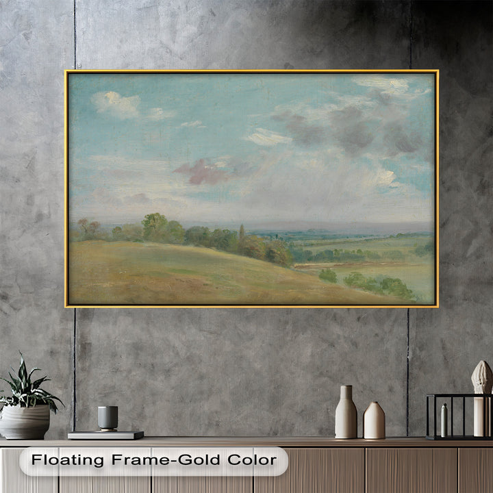 A serene landscape painting featuring rolling green hills under a vast sky, with soft clouds drifting across the horizon in delicate pastel tones.