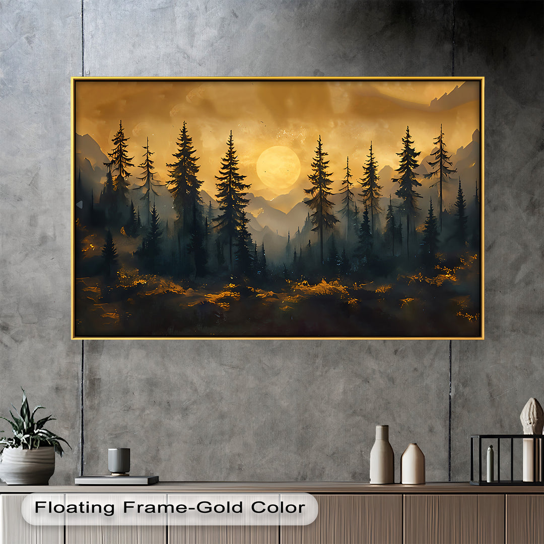 This moody forest landscape painting captures a glowing golden sun rising behind tall pine trees and misty mountain silhouettes.