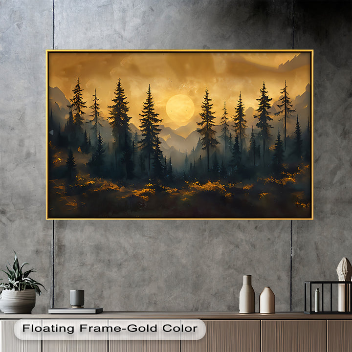 This moody forest landscape painting captures a glowing golden sun rising behind tall pine trees and misty mountain silhouettes.