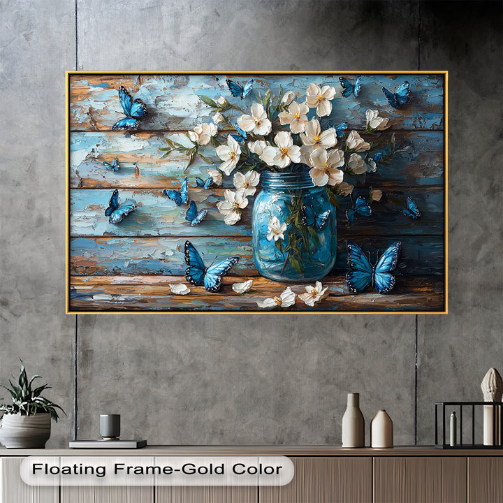 Flowers and Blue Butterflies – Elegant Nature Oil Painting