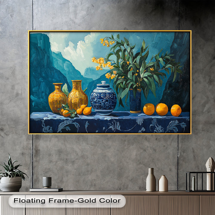 Blue & Yellow Vase Citrus Still Life – Framed Oil Painting