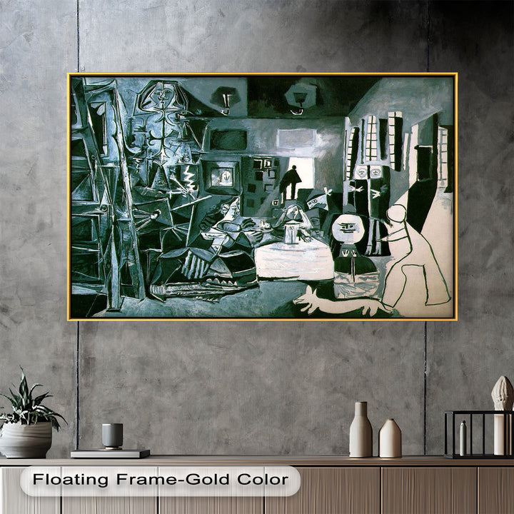 A reinterpretation of a classical scene using bold black, white, and green tones with expressive cubist distortion.